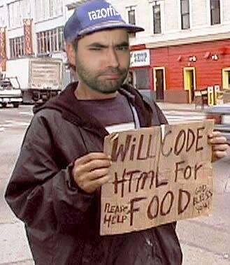 Pappschild mit Spruch: Will Code HTML For Food