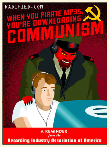 Trickfiguren vom Teufel mit User am Computer, mit dem Slogan: When you pirate MP3s, you,re downloading communism.
